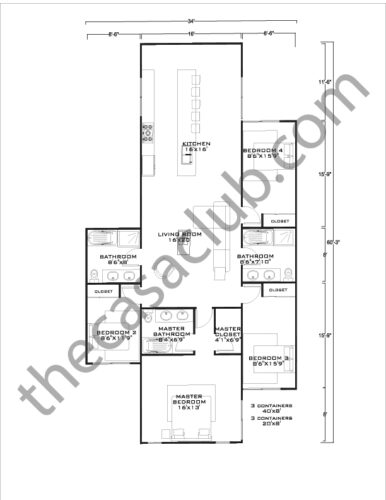 4 Bedroom Shipping Container Home Floor Plans Using 6 Containers with Master Suite