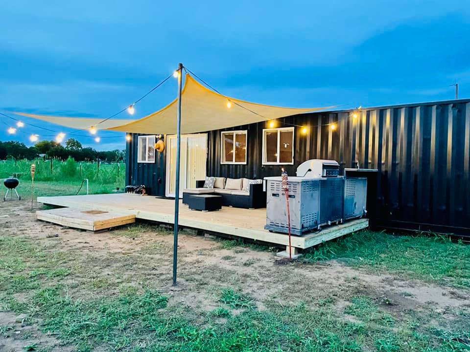 Galvan's Devine, Texas Shipping Container Home - Exterior Night