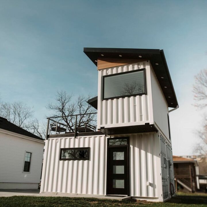 Shipping container home in Denver with decking area