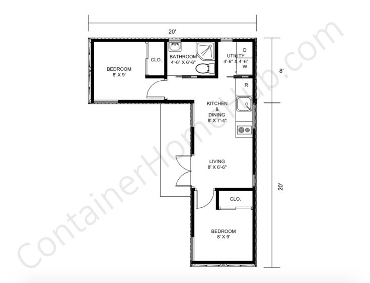 2 Bedroom 20-foot Shipping Container Home Floor Plans