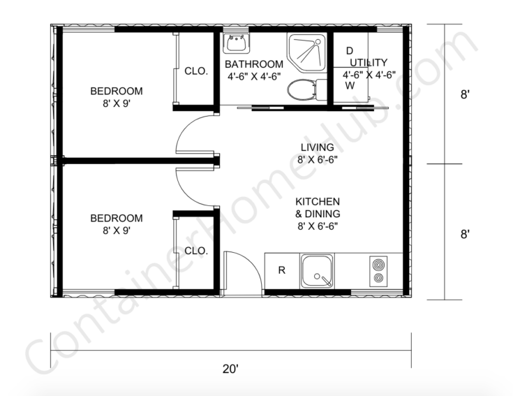 2 Bedroom 20-foot Shipping Container Home Floor Plans