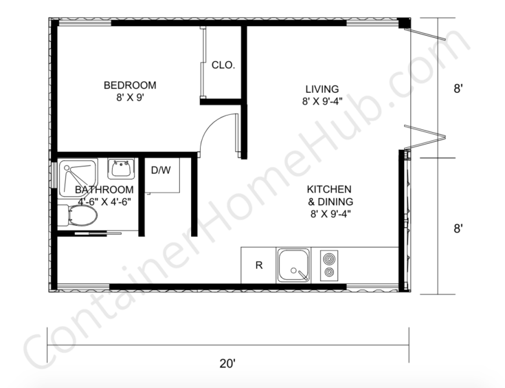1 Bedroom 20-foot Shipping Container Home Floor Plans