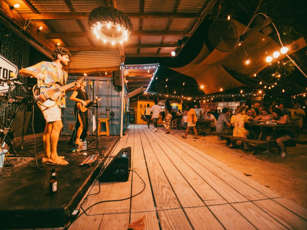 band performing in a container restaurant