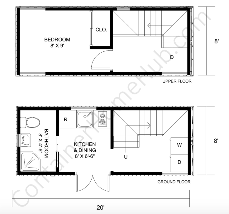 1 Bedroom 20-foot Shipping Container Home Floor Plans